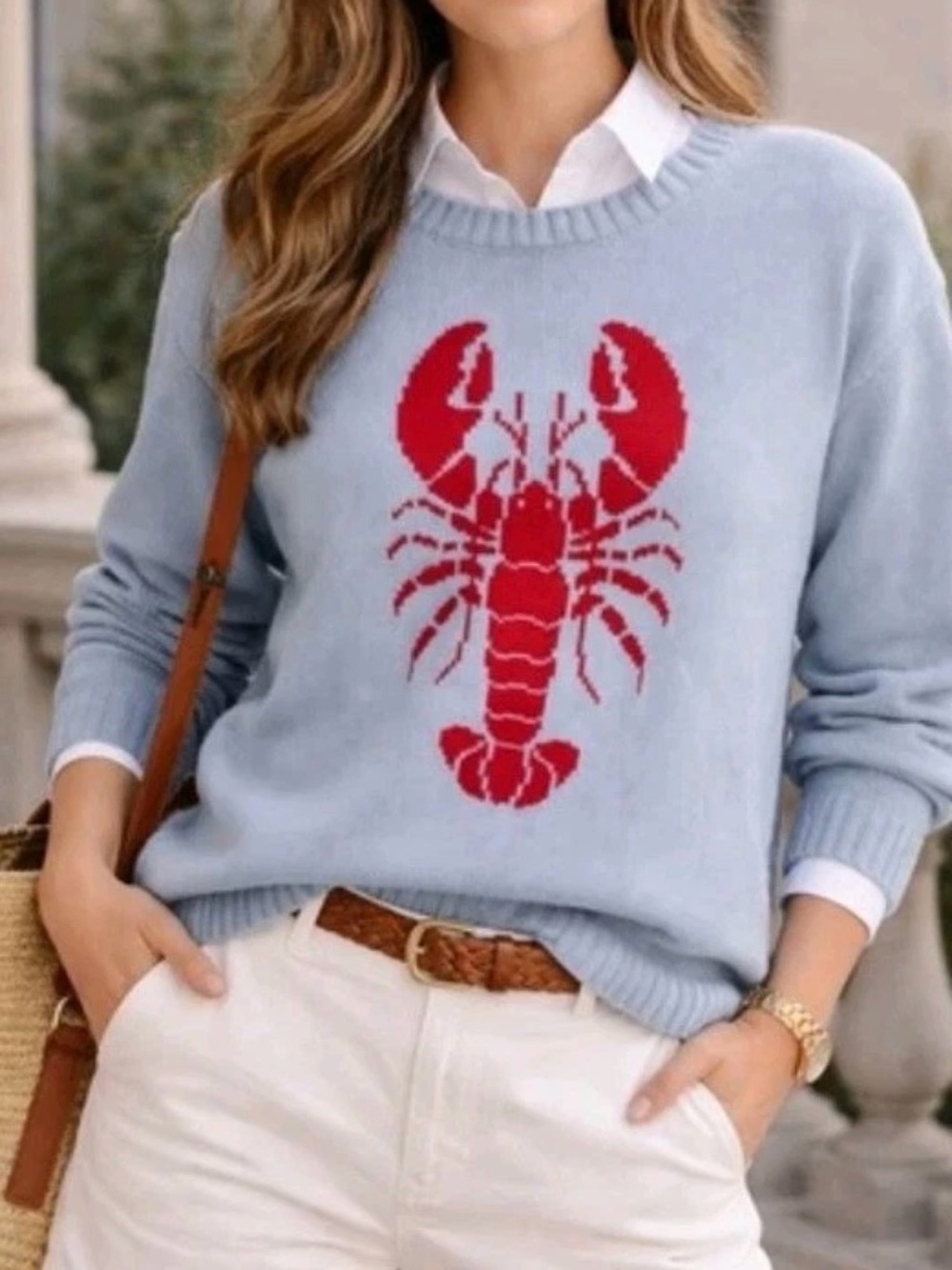 Mighty Fine Coastal Cotton Light Blue Crewneck Sweater with Red Lobster Motif